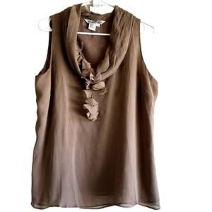 WinterSilks Ruffle Blouse Top Sleeveless Flowy Career 100% Silk Brown Large